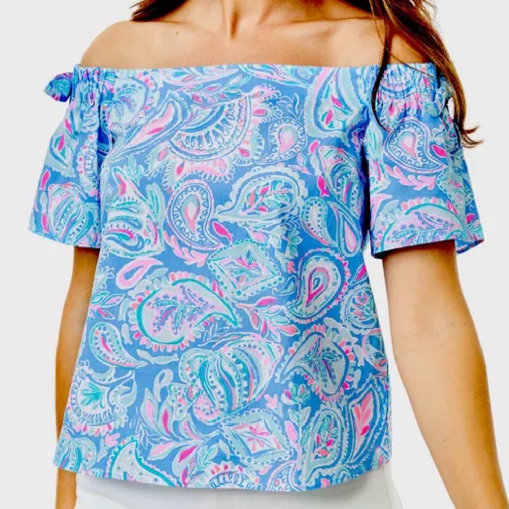 COPY - NWT Lilly Pulitzer Top Tamara Off-the-Shoulder Blue Pink Fish Women’s Si…